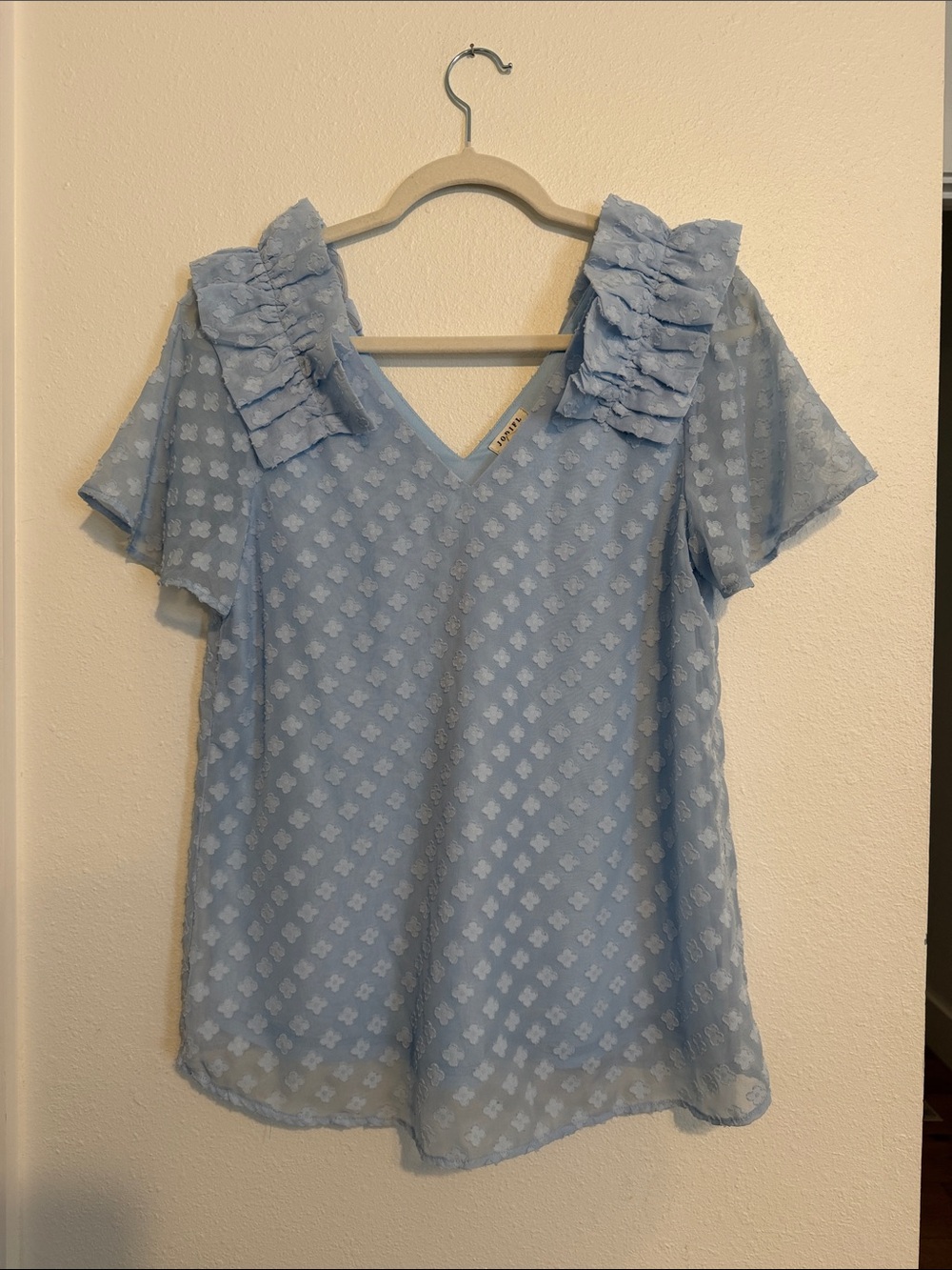 JODIFL Light Blue Ruffle Shoulder V-Neck Blouse